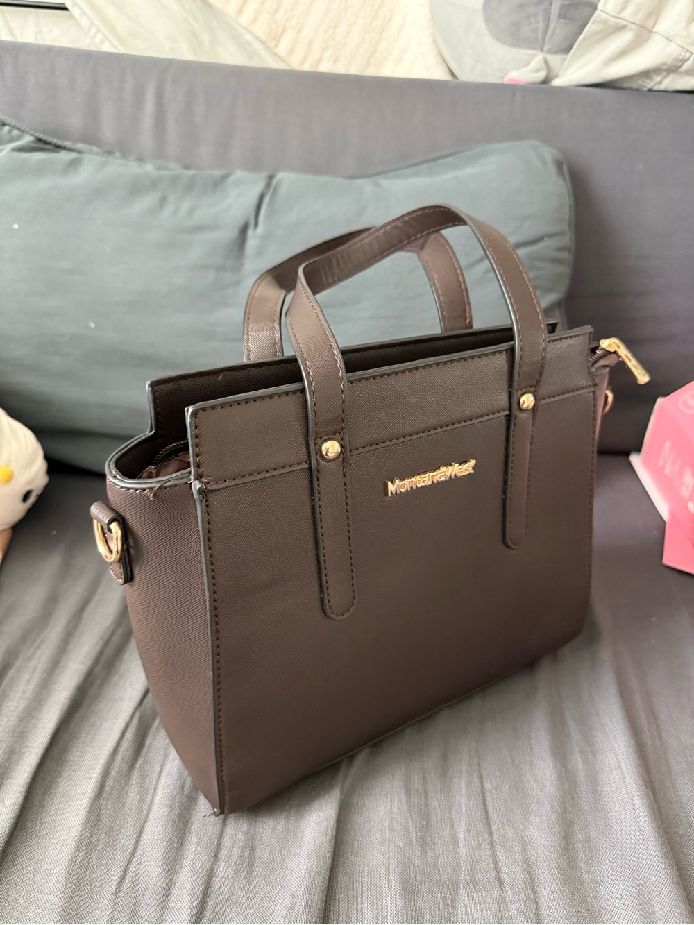 Montana West Dark Brown Structured Shoulder Tote with Gold Accents
